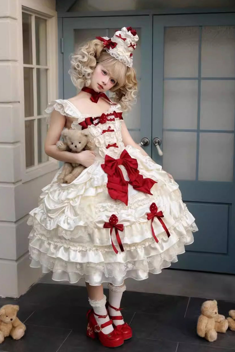 Apricot [Berry Endless] Square Collar Sleeveless Multi-Layered Ruffled Embroidered Bow Lace Sweet Lolita Jsk Dress