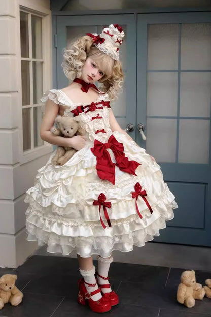 Apricot [Berry Endless] Square Collar Sleeveless Multi-Layered Ruffled Embroidered Bow Lace Sweet Lolita Jsk Dress