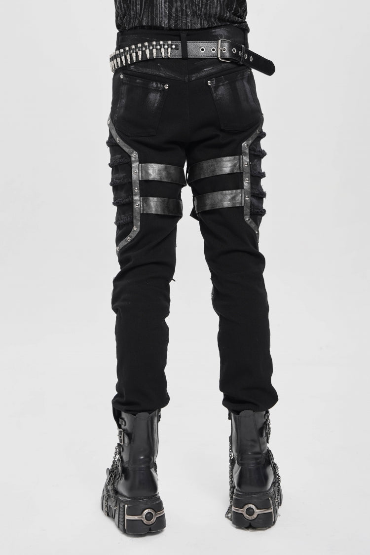 Black Buckle Straps Pleated Men's Punk Pants