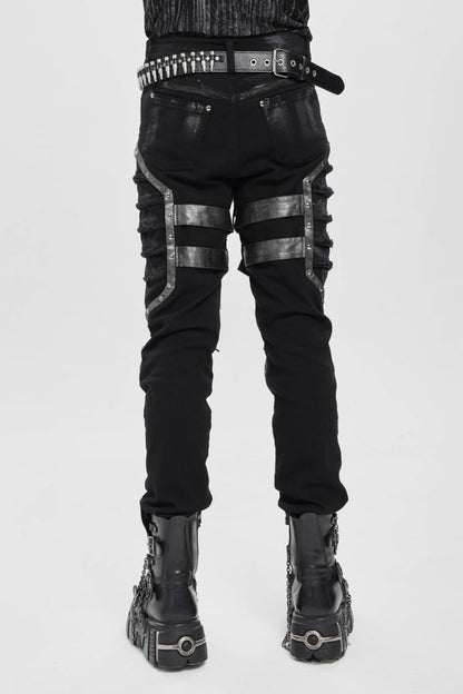 Black Buckle Straps Pleated Men's Punk Pants