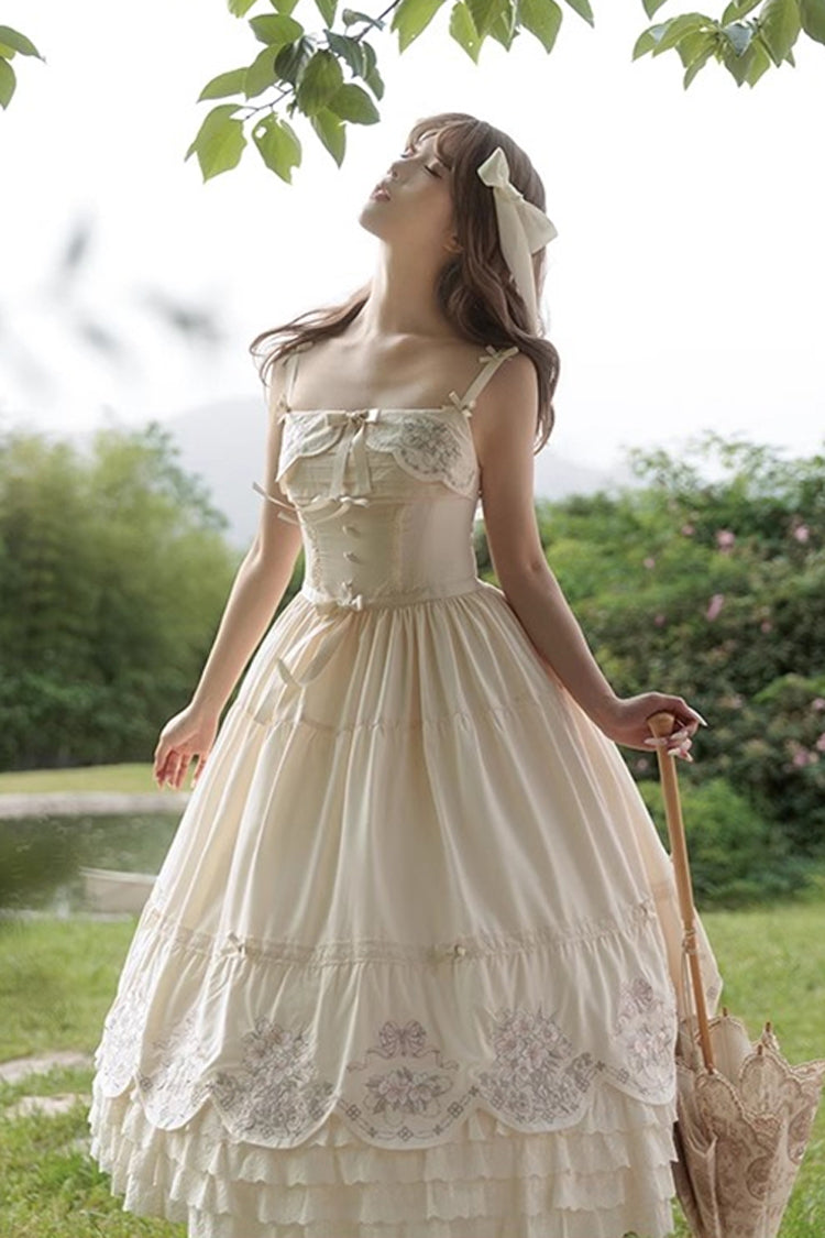 Apricot [Fantasy Butterfly] Triple-Layered Ruffle Embroidery Bowknot Lace Sweet Princess Lolita Jsk Dress
