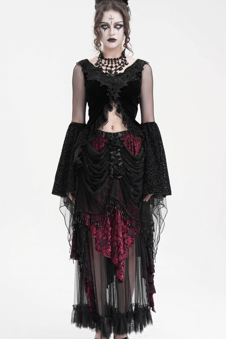 Black Long Sleeves Embroidery Mesh Ripped Women's Gothic Crop Top