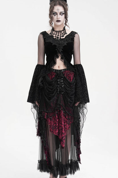 Black Long Sleeves Embroidery Mesh Ripped Women's Gothic Crop Top