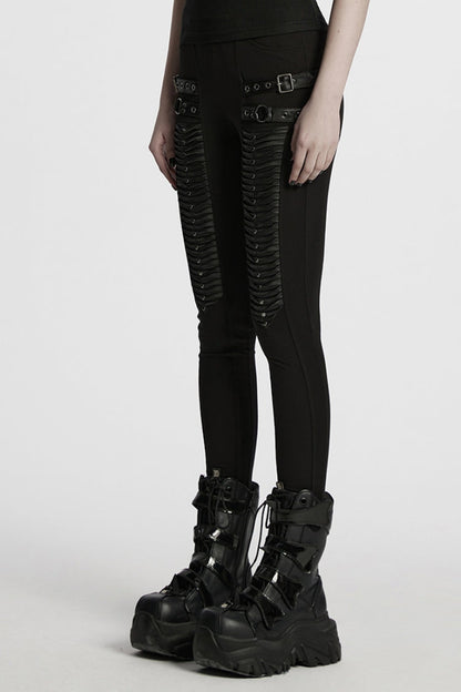 Black Buckle Straps Pleated Women's Punk Leggings