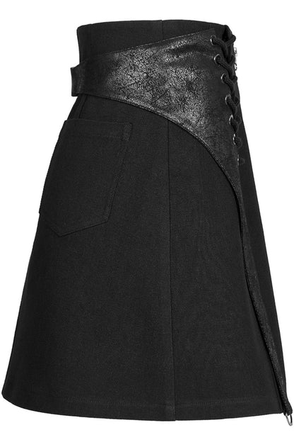 Black Faux Leather Cross Strap Design Metal Zipper Decoration High Waist Women's Punk Skirt