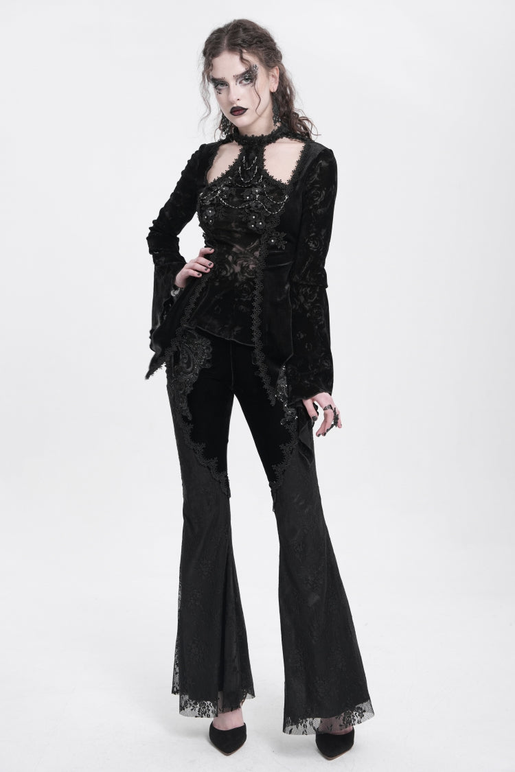 Black Floral Embroidery Stitching Lace Women's Gothic Pants