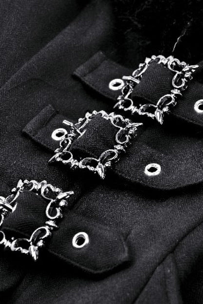 Black Long Sleeves Lace-Up Buckled Women's Gothic Draped Coat with Faux Fur Collar