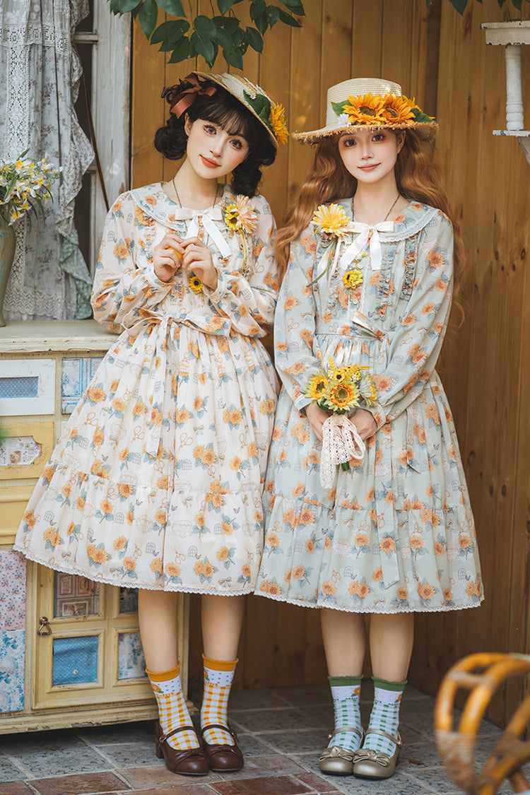 Apricot [Gardening Sunflower] Long Sleeves Print Ruffle Bowknot Sweet Elegant Lolita Dress