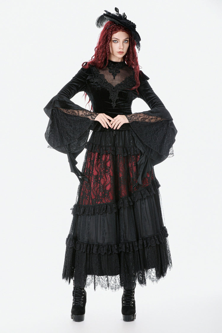 Black Multi-Layered Long Flare Sleeves Embroidered Sheer Mesh Splice Velvet Women's Gothic Top