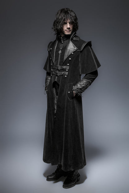 Black Leather Stand-Up Collar Metal Buckle Decoration Mens Steampunk Long Coat