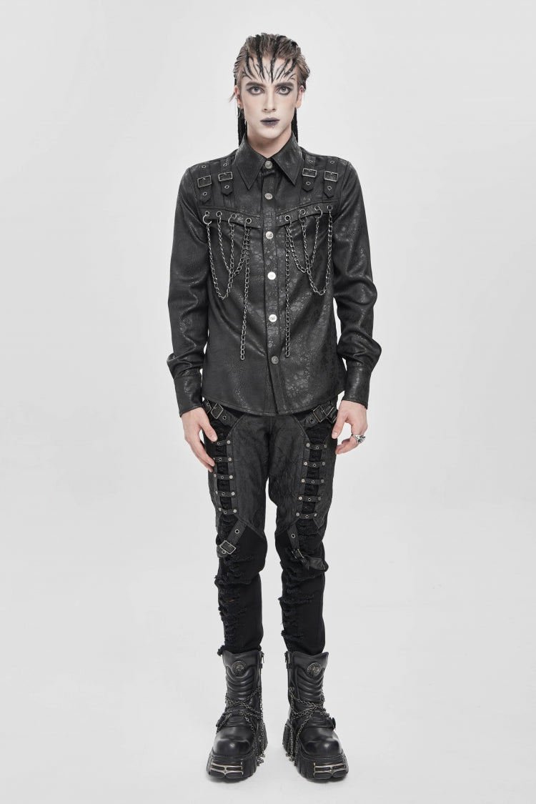 Black Lapel Collar Long Sleeves Buckled Strappy Chain-Decorated Men's Punk Shirt