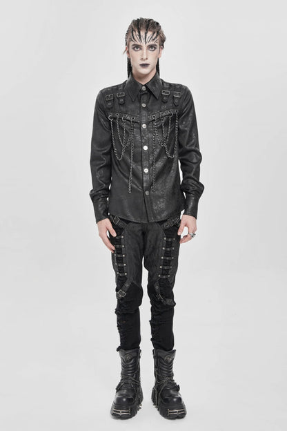 Black Lapel Collar Long Sleeves Buckled Strappy Chain-Decorated Men's Punk Shirt