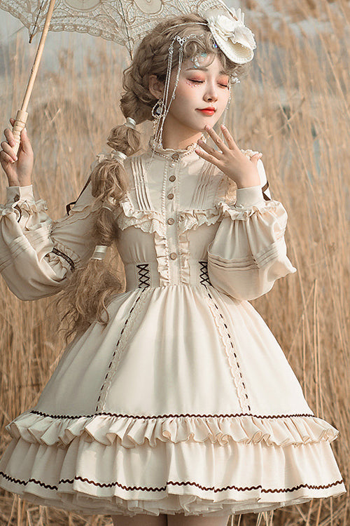 Beige Lantern Sleeves Multi-Layer Ruffled Removable Sweet Lolita OP Tiered Dress