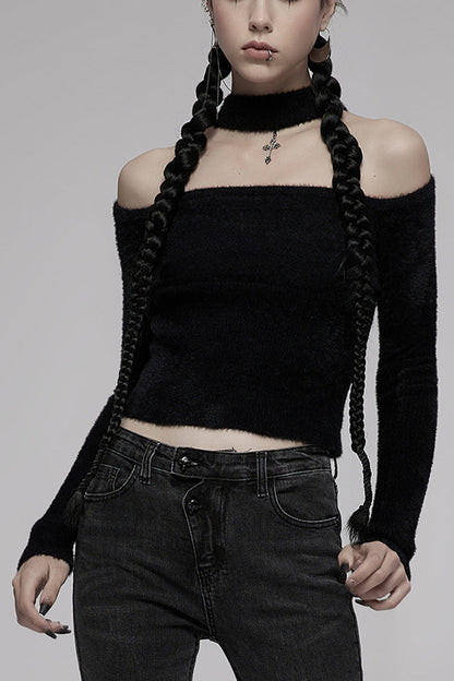 Black Knitted Tight Hollow-Carved Design Metal Cross Decoration Long Sleeve Women's Punk Top