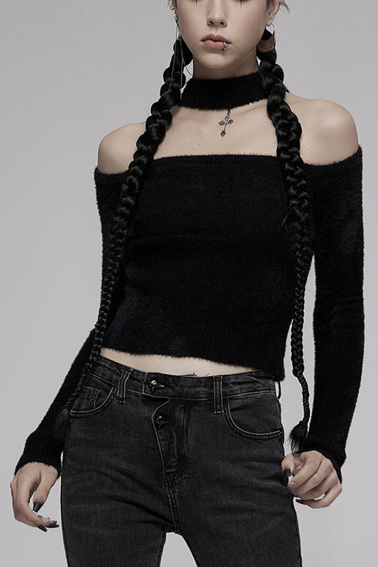 Black Knitted Tight Hollow-Carved Design Metal Cross Decoration Long Sleeve Women's Punk Top