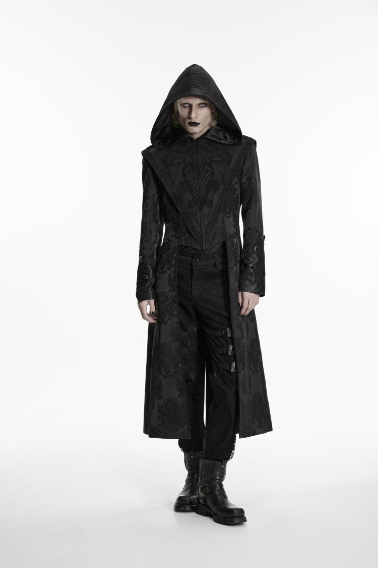 Black Long Sleeves Jacquard Embroidered Spliced Lace Hooded Color-Blocked Men's Punk Cool Coat