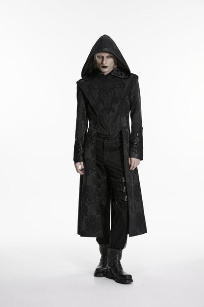 Black Long Sleeves Jacquard Embroidered Spliced Lace Hooded Color-Blocked Men's Punk Cool Coat