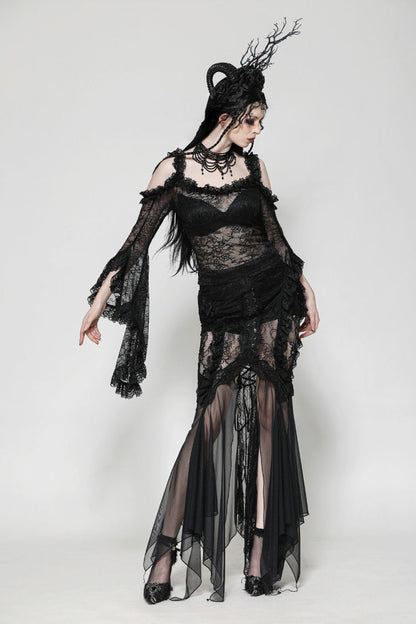 Black Off Shoulder Long Flare Sleeves Lace Women's Gothic Romantic Top