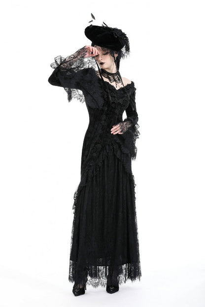 Black Off Shoulder Lace Long Trumpet Sleeves Lace-Up Women's Gothic Bodycon Dress