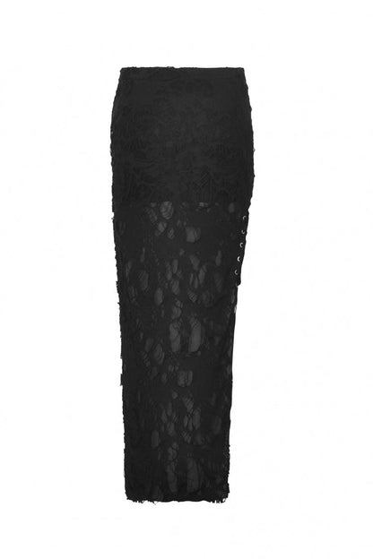 Black Lace-Up Ripped Women's Punk Split Long Skirt