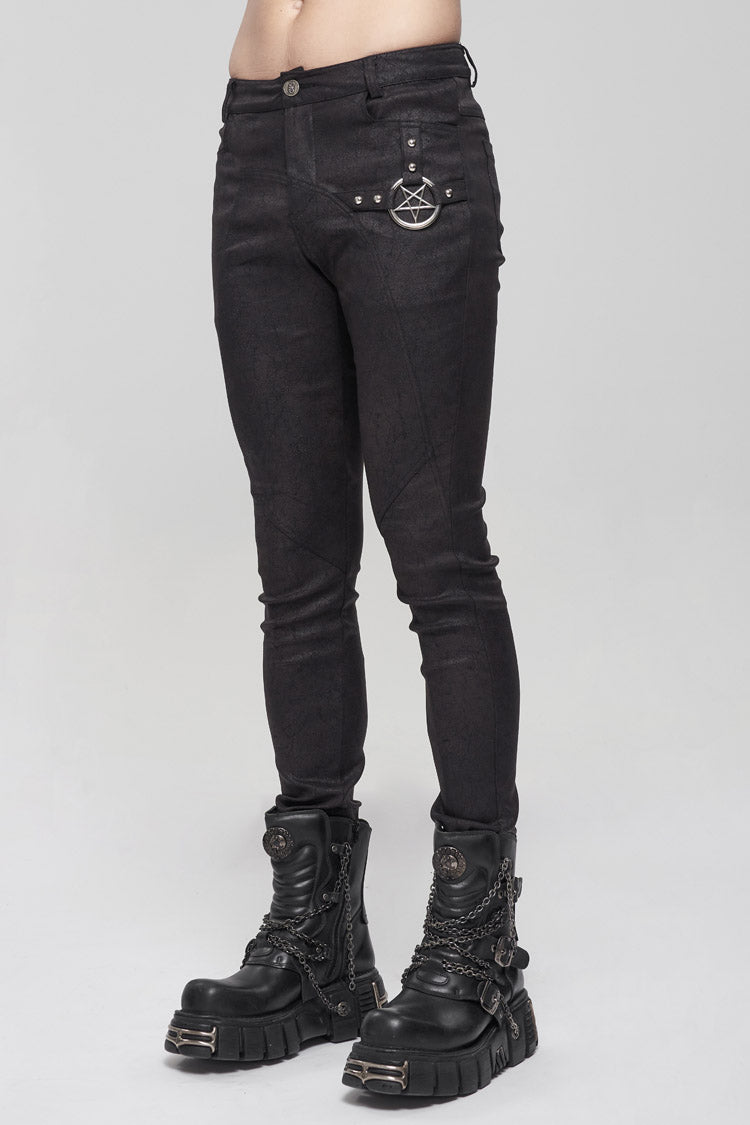 Black Basic Funds Metal Pentagram Crackle Punk Slim Men's Pants