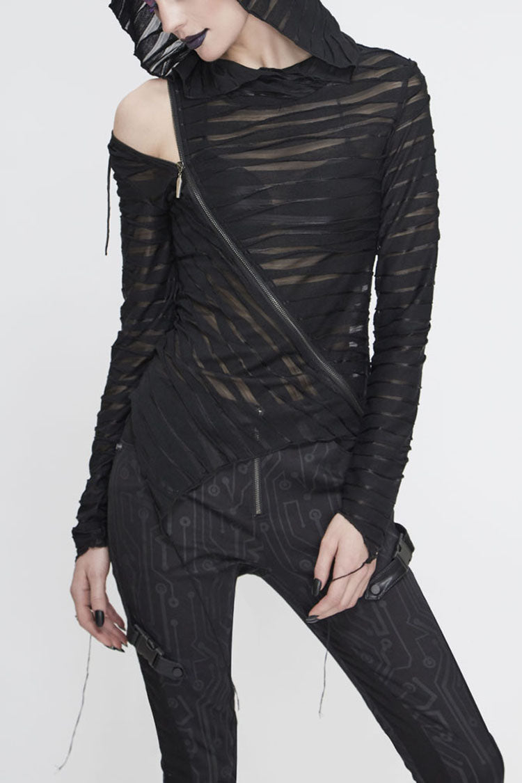 Black Hooded Three-Dimensional Twisted Knitted Inclined Zipper Irregular Hem Women's Punk Shirt