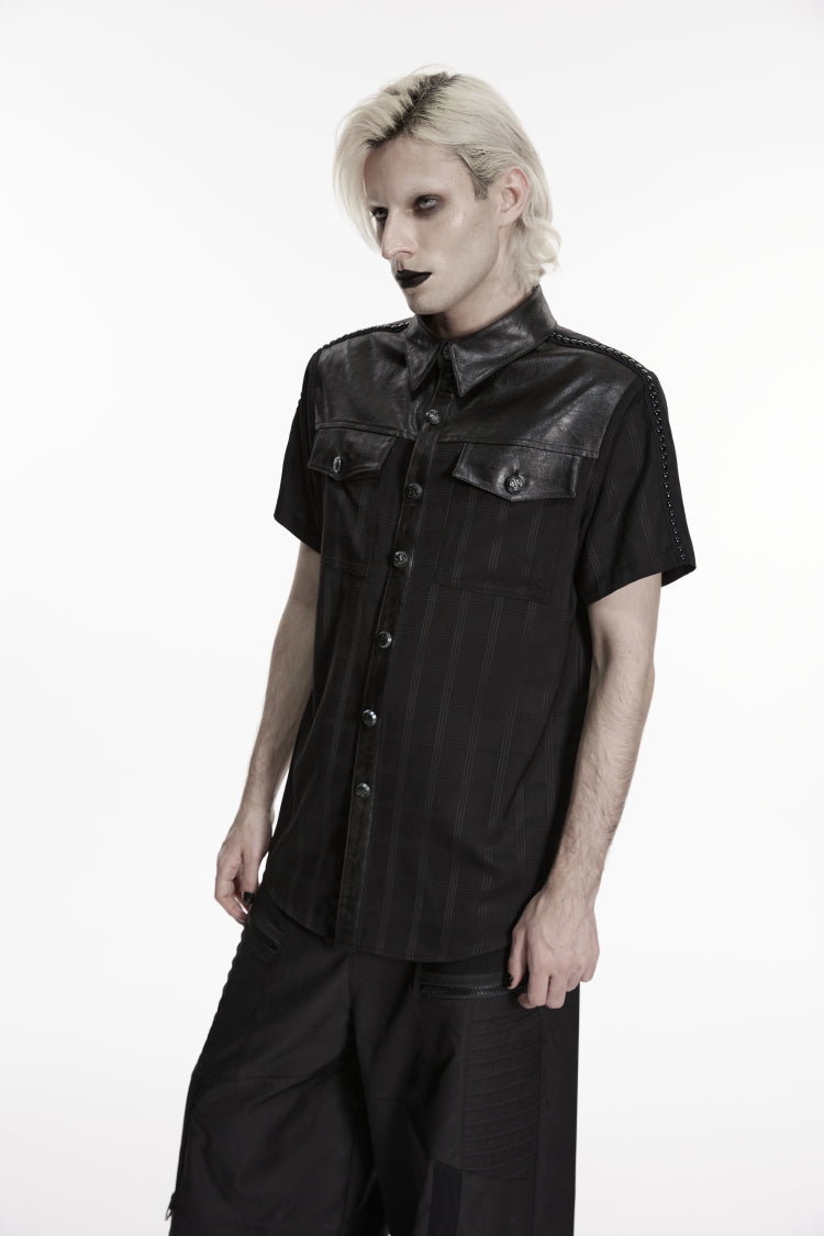 Black Lapel Collar Short Sleeves Spliced Men's Punk Shirt