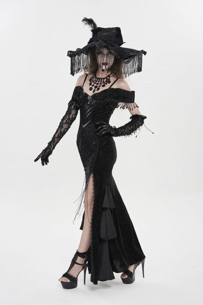 Black Off Shoulder Sleeveless Embroidered Lace Slim Women's Gothic Gorgeous Strapless Dress