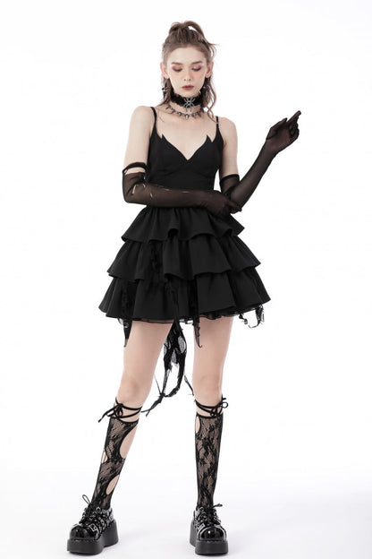 Black Little Devil Sleeveless Multi-Layered Lace-Up Women's Punk Slip Graduation Dress