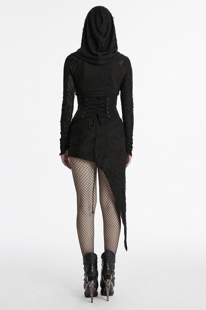Black Long Sleeves Irregular Hooded Ripped Asymmetric Women's Punk Music Festival Dress