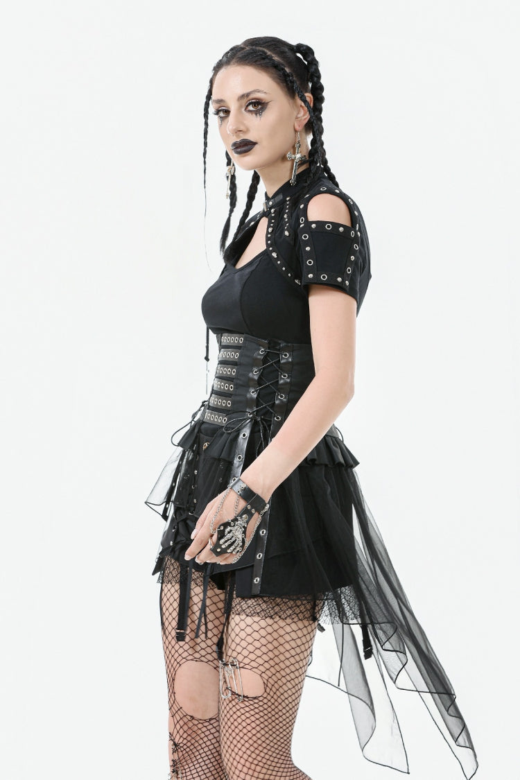 Black High Waisted Lace-Up High/low Mesh Women's Punk Skirt