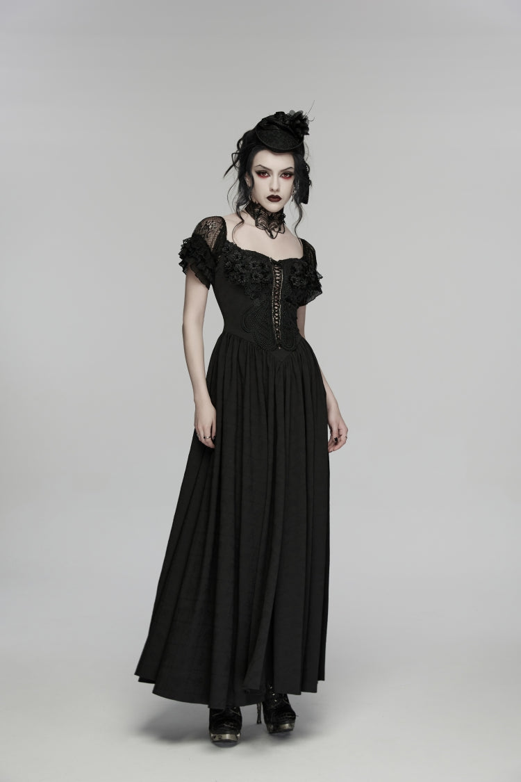 Black Off Shoulder Short Puff Sleeves Ruffled Hanayome Embroidered Lace Women's Gothic Elegant Gorgeous Dress