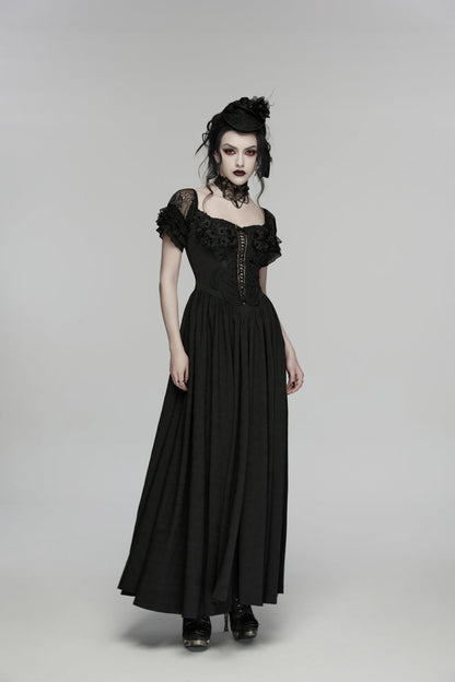 Black Off Shoulder Short Puff Sleeves Ruffled Hanayome Embroidered Lace Women's Gothic Elegant Gorgeous Dress