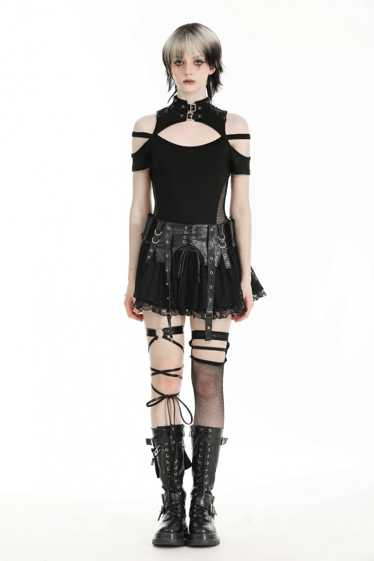 Black Faux Leather Spliced Lace Lace-Up Women's Punk Mini Skirt