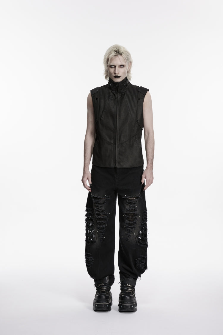 Black Irregular Mesh Ripped Studded Zippered Eyelet Men's Punk Handsome Cool Pants