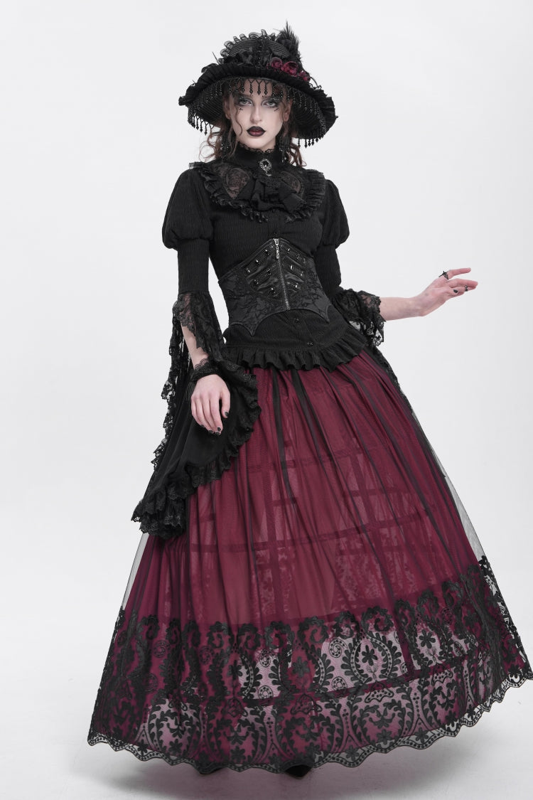 Black Batwing Beaded Lace-Up Zipper Women's Underbust Corset