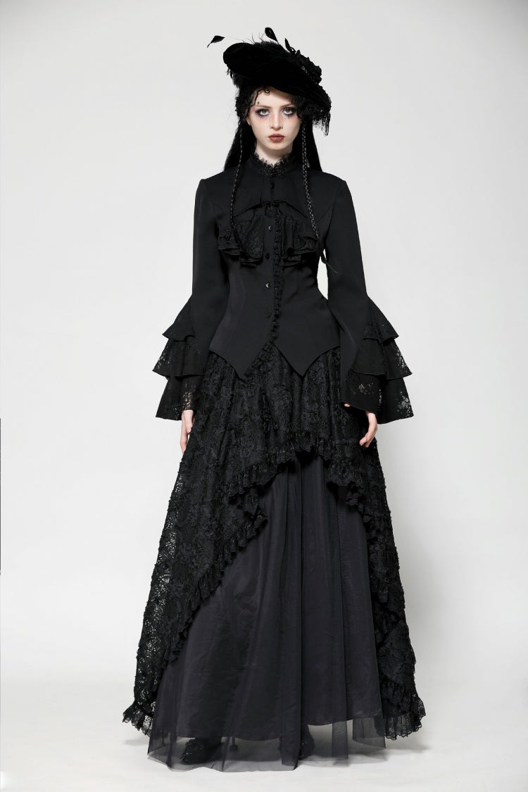 Black Lace Stand Collar Multi-Layered Ruffled Long Flared Sleeves Women's Gothic Blouse