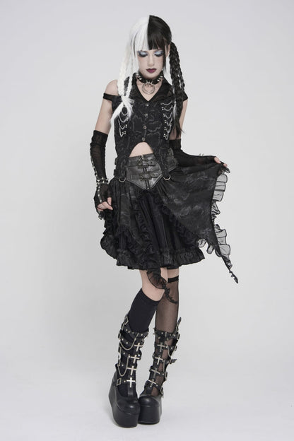Black Off Shoulder Lace-Up Irregular Chain-Decorated Women's Punk Vest