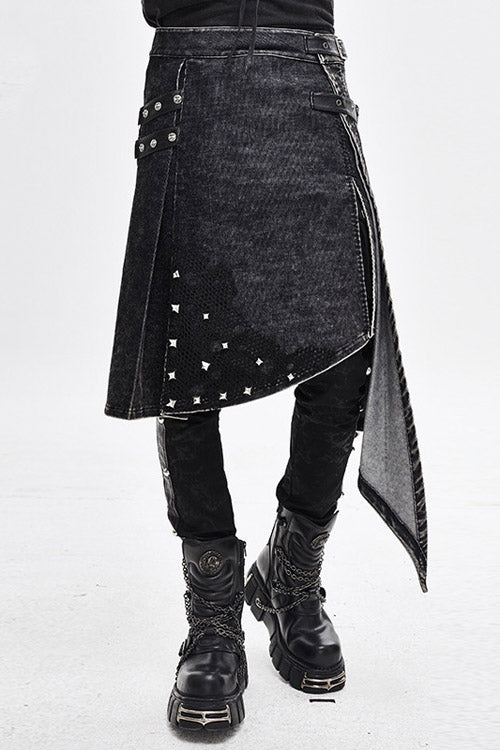 Black Band Metallic Nailed Punk Rock Worn Corduroy Wrapped Mens Skirt With Loops
