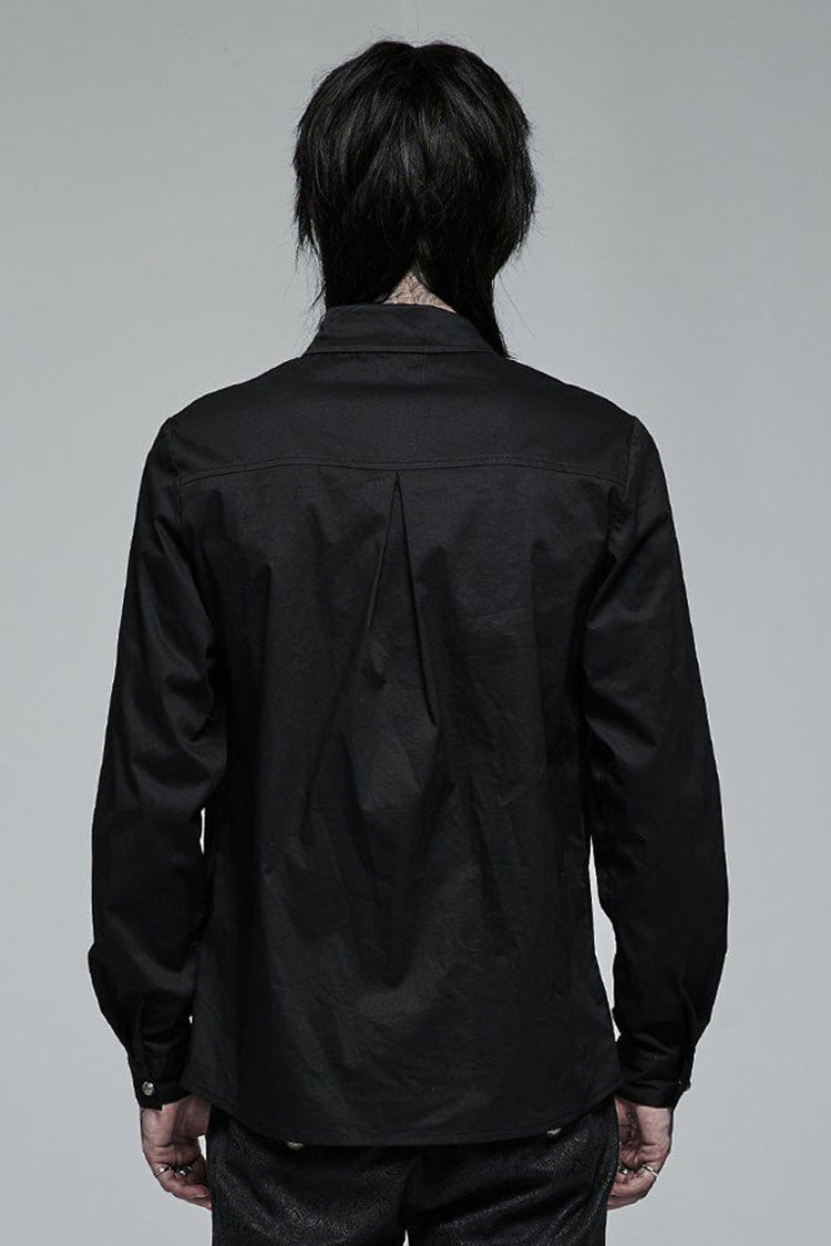 Black Gothic Delicate Decals Placket Pleated Ruffle Long Sleeve Men's Shirt