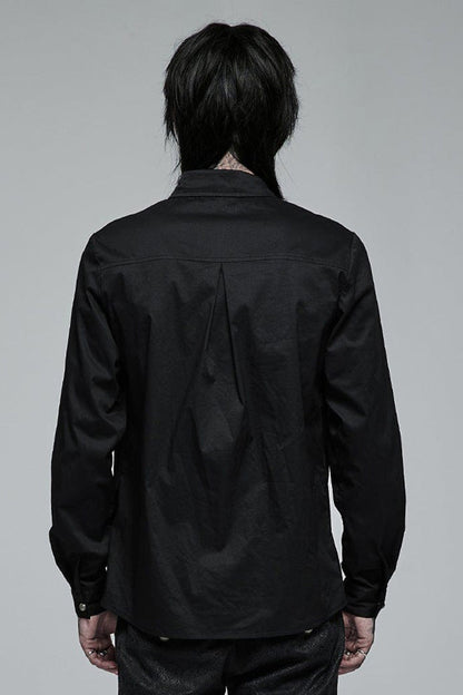 Black Gothic Delicate Decals Placket Pleated Ruffle Long Sleeve Men's Shirt
