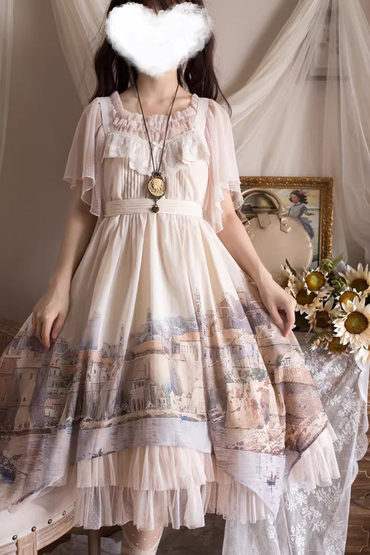 Apricot [Adria] Multi-Layered Printed Irregular Sweet Lolita Jsk Dress