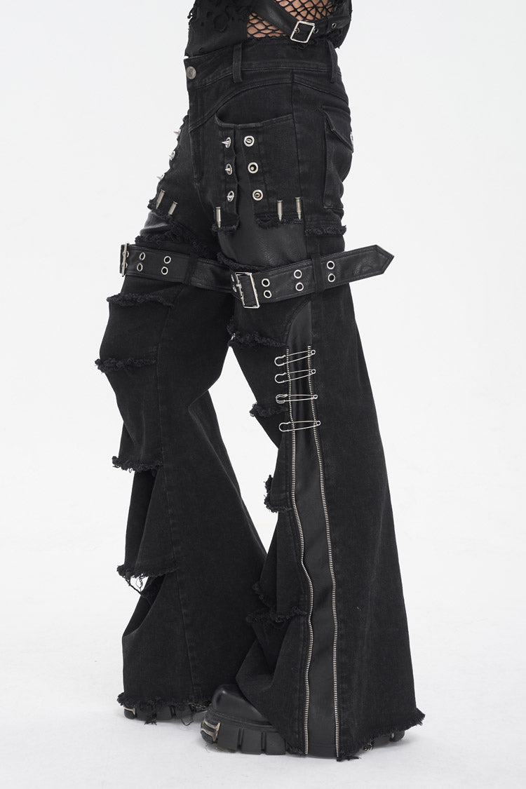 Black Faux Leather Splice Men's Punk Flared Pants