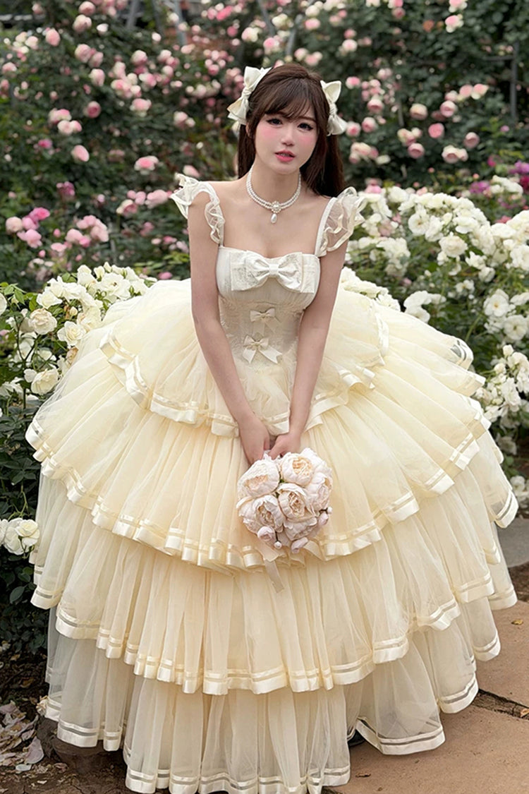 Apricot [Sweet Organza Satin] Sleeveless Multi-Layered Ruffled Hanayome Bow Lace Sweet Elegant Princess Lolita Jsk Dress