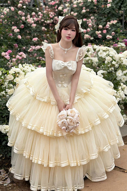 Apricot [Sweet Organza Satin] Sleeveless Multi-Layered Ruffled Hanayome Bow Lace Sweet Elegant Princess Lolita Jsk Dress