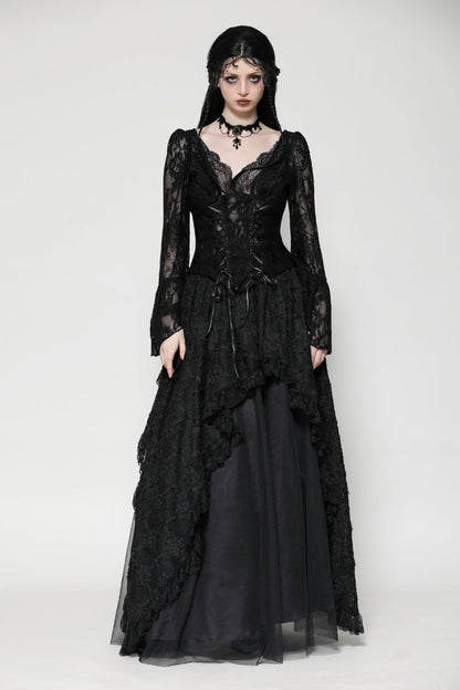 Black Deep V Collar Long Trumpet Sleeves Lace Lace-Up Women's Gothic Corset Top