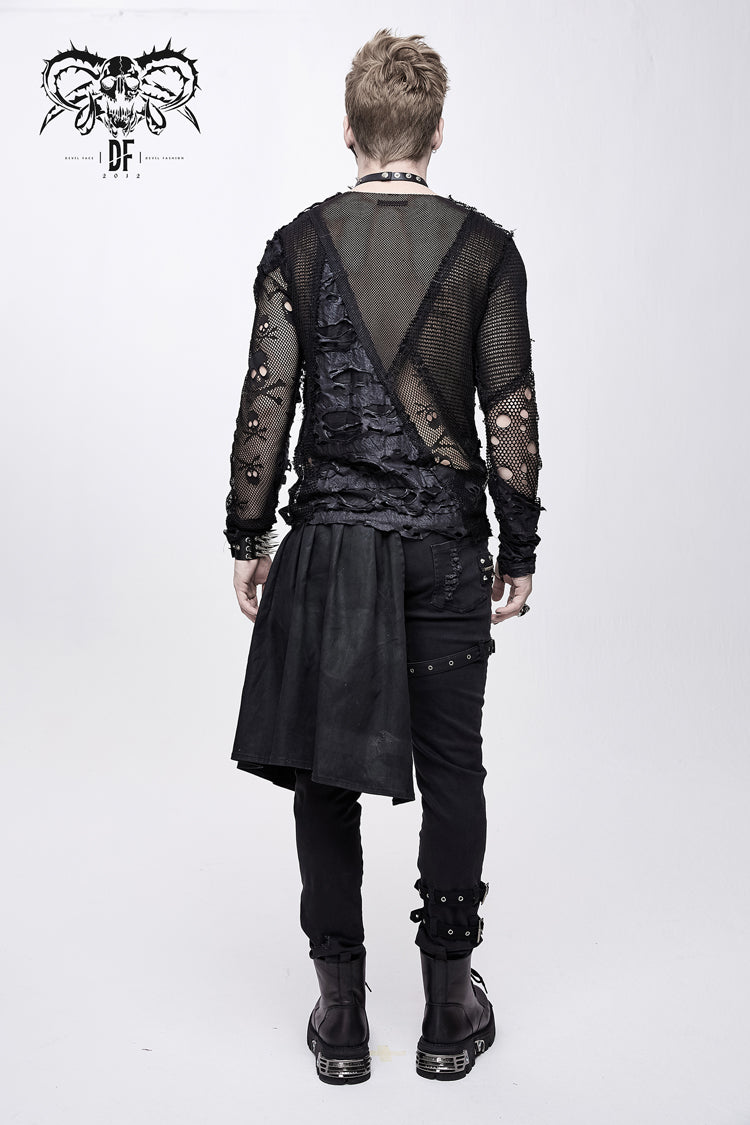 Black A Variety Of Mesh Materials Stitching Unedged Broken Holes Round Collar Men's Punk T-Shirt