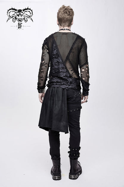 Black A Variety Of Mesh Materials Stitching Unedged Broken Holes Round Collar Men's Punk T-Shirt