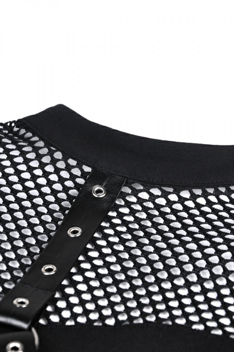 Black Off Shoulder Long Sleeves Mesh Crossed Harness Straps Eyelet Sexy Women's Punk Top