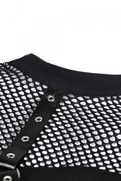 Black Off Shoulder Long Sleeves Mesh Crossed Harness Straps Eyelet Sexy Women's Punk Top
